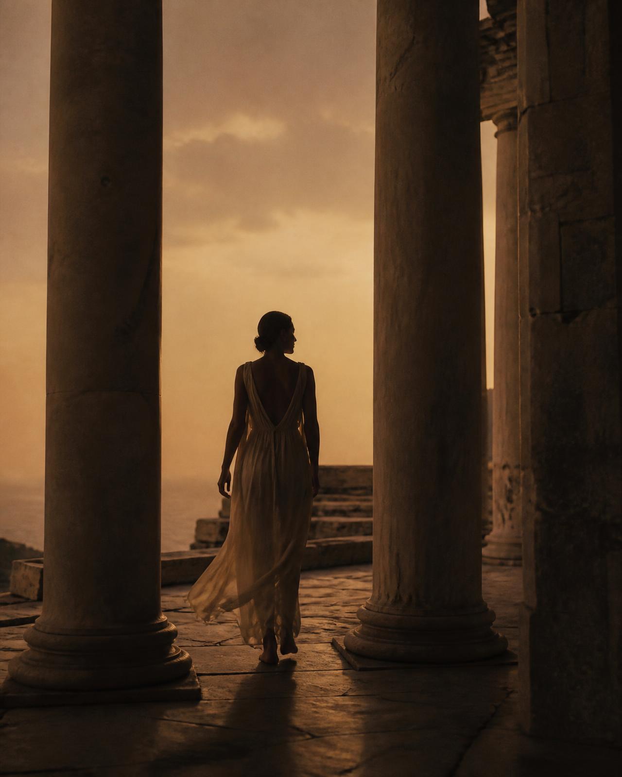 Ancient colonnade in golden dusk light